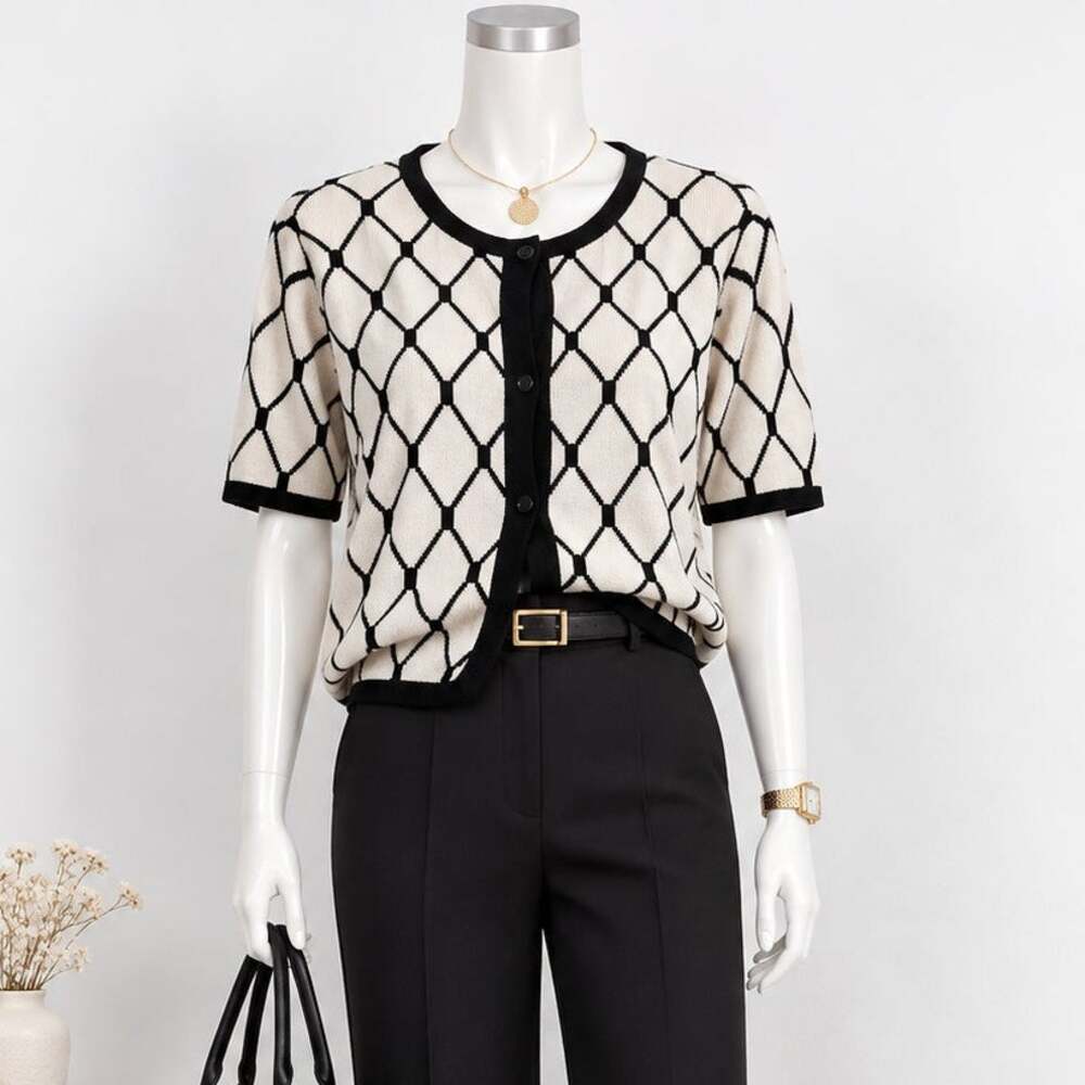 Black White Geometric Knit Cardigan Short Sleeve Chic Corporate Office Womens M
